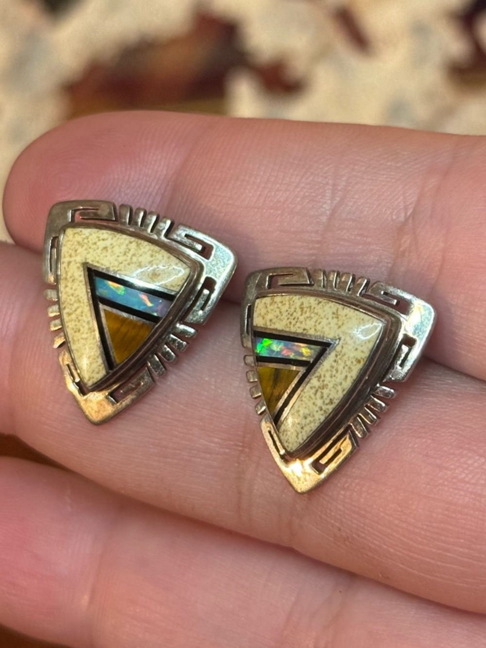 Native American Sterling VTG Inlay Earrings - Picture 2 of 16